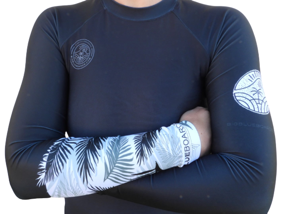One-piece long-sleeve RASH VEST- SPF 50, black with palm leaves - BIG BLUE Boards